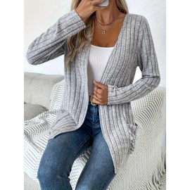Women'S Elegant Solid Color Cardigan with Pockets - Long Sleeve, Crew Neck, Ribbed Knit Open Front Sweater for Spring & Fall, Plus Size Friendly, Sweater Front Opening | Ribbed Texture Design | Open front cardigan, Sweater Cardiga