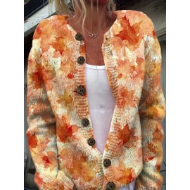 Plus Size - Plus Size, Women'S Plus Size Lightweight Floral Print Cardigan - Vibrant Orange & Yellow All-Over Flower Pattern, Elegant Round Neck Long Sleeve Sweater Coat, Non-Stretch Fabric Fall Winter Outerwear for Casual to Formal Wear