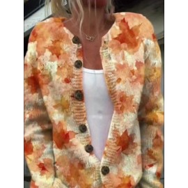 Plus Size - Plus Size, Women'S Plus Size Lightweight Floral Print Cardigan - Vibrant Orange & Yellow All-Over Flower Pattern, Elegant Round Neck Long Sleeve Sweater Coat, Non-Stretch Fabric Fall Winter Outerwear for Casual to Formal Wear