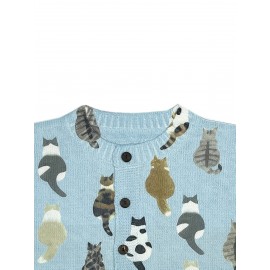 Plus Size - 2D FLAT PATTERN Plus Size, All-printed Elegant Cardigan Jacket For Cats And Dogs, Elastic Round Neck Button-front Lightweight Autumn And Winter Jacket For Women, Casual Jacket For Pet Lovers