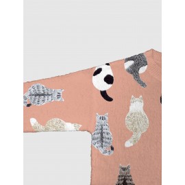 [Playful Design] Plus Size - Women's Lightweight Sweater Jacket - Pastel Pink With Black & White Animal Print, Button-Front Closure, Non-Bulky Long Sleeve Cardigan For Fall/Winter, Everyday & Formal Outfits - Position BK 052032, Fall Fashion, Playful Design, Comfortable Fit, Stylish Outerwear, Fashion Lovers, Cat Cardigan/Sweater For Women, Cardigan For Curvy Women, Curve Cat Print, Cardigans Women Good Quality, Vest Woman Large Size With Sleeve