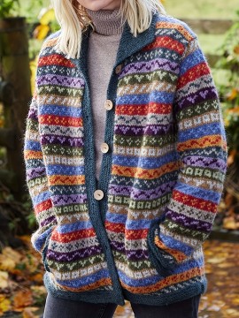 [Retro Fair Isle Cardigan] Simpfit Women's Retro Fair Isle Jacquard Cardigan - Geometric Pattern Knit Sweater with Open Front, Machine Washable, Soft Fall Winter Coat for Casual & Formal Outfits, Cute Sweaters