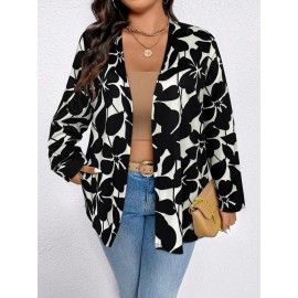 Plus Size - Plus-Size Women'S Elegant Black Floral Print Cardigan - V-Neck Long Sleeve Open Front Sweater with White Poppies & Black Floral Pattern, Cozy Fall Winter Sweater for Office, Casual & Casual Attire, Versatile Layering Piece for Women