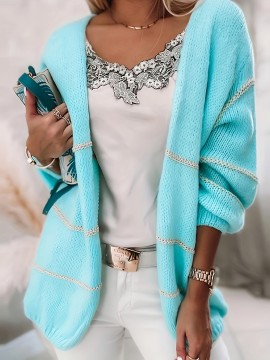 [Chic Cardigan] Plus Size Women's Chic Color-Block Striped V-Neck Cardigan | Long Sleeve, Beige & White, Casual Fall/Winter Outerwear with Lace Detail, Lace Trim