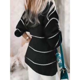 [Chic Cardigan] Plus Size Women's Chic Color-Block Striped V-Neck Cardigan | Long Sleeve, Beige & White, Casual Fall/Winter Outerwear with Lace Detail, Lace Trim