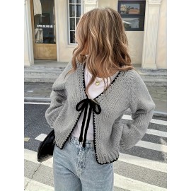 Plus Size - Women'S Plus Size V-Neck Cardigan - Soft, Cozy, and Stylish with Contrast Bow Detail, Long Sleeve, Button-Up Front, Perfect For Fall/winter, Casual Wear, Casual Wear Cardigan | Vneck Cardig