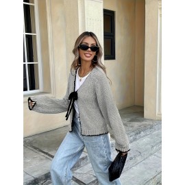 Plus Size - Women'S Plus Size V-Neck Cardigan - Soft, Cozy, and Stylish with Contrast Bow Detail, Long Sleeve, Button-Up Front, Perfect For Fall/winter, Casual Wear, Casual Wear Cardigan | Vneck Cardig