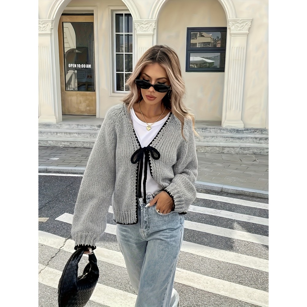 Plus Size - Women'S Plus Size V-Neck Cardigan - Soft, Cozy, and Stylish with Contrast Bow Detail, Long Sleeve, Button-Up Front, Perfect For Fall/winter, Casual Wear, Casual Wear Cardigan | Vneck Cardig