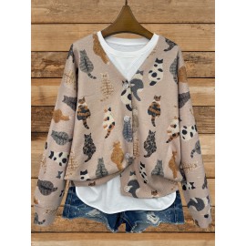 Plus Size - Plus Size Women'S Cozy Cat Print V-Neck Cardigan - Long Sleeve, Button-Up, Casual Fall/Winter Sweater with Pockets, Brown & White Cat Design, Perfect for Casual Attire, Cozy Fall Wear | Playful Print Cardigan | Construction