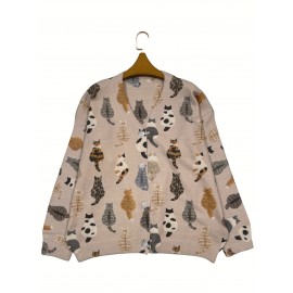 Plus Size - Plus Size Women'S Cozy Cat Print V-Neck Cardigan - Long Sleeve, Button-Up, Casual Fall/Winter Sweater with Pockets, Brown & White Cat Design, Perfect for Casual Attire, Cozy Fall Wear | Playful Print Cardigan | Construction