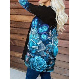 Plus Size, Women's Plus Size Elegant Cardigan Jacket - Flower & Butterfly Print Blouse, Machine Washable Winter Warm Long Sleeve Sweater Top, Casual Daily Outerwear for Layering (No Buttons/Collar)