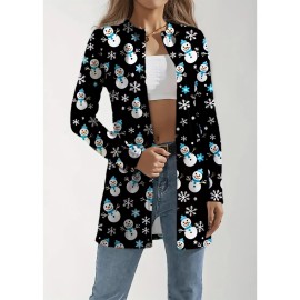 Plus Size, Plus Size Women's Oversized Black Snowman & Snowflake Cardigan - Soft Machine-Washable Winter Coat, Christmas Sweater Jacket with White Snowflake Patterns, Cozy Casual Winter Wear for Holiday Parties & Daily Outfits