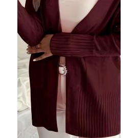 Elegant Oversized Long Sleeve Cardigan for Women - Solid Color, Medium Stretch, with Pockets, Fall/Winter Fashion, Plus Size, Pink