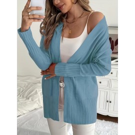 Elegant Oversized Long Sleeve Cardigan for Women - Solid Color, Medium Stretch, with Pockets, Fall/Winter Fashion, Plus Size, Pink
