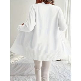 Elegant Oversized Long Sleeve Cardigan for Women - Solid Color, Medium Stretch, with Pockets, Fall/Winter Fashion, Plus Size, Pink