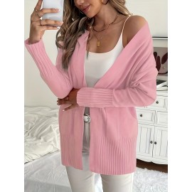 Elegant Oversized Long Sleeve Cardigan for Women - Solid Color, Medium Stretch, with Pockets, Fall/Winter Fashion, Plus Size, Pink