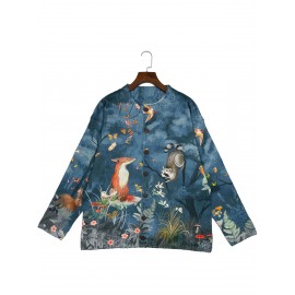 Plus Size - Large Size Women'S Button Sweater | Fashion Button Front Lapel, Plant Art Pattern, All-Season Light Casual Outing, Natural Inspiration Design, Soft Texture, V-Neck, Long Sleeve, Regular Fit