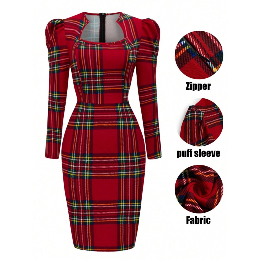 Women'S Elegant Christmas Plaid Bodycon Dress - Long Sleeve Puff Shoulder Red Tartan Checkered Pattern with Zipper Back, Boat Neck Winter Party Dress, Structured Fitted Silhouette for Xmas, New Year'S Eve & Holiday Events - Red/Green Tartan Checkere