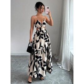 Women'S Floral Print Office to Party Dress - Elegant Sleeveless Midi Dress with Thin Strap, Flared Hem, for Work, Formal Events, Everyday Outfits - Spring/Fall/Summer Women'S Clothing, Casual Wear, Fitted Waist, Lightweight Fabric, Working Women