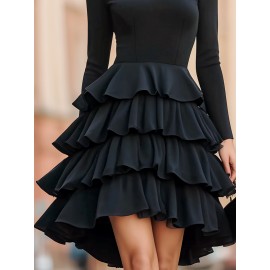 Women'S Elegant Solid Black A-Line Layered Hem Tunic Dress with Puffed Sleeve-like Effect - Structured Fitted Top & Flowing Skirt, Floor-Length or Above-Knee Length, Machine Washable Formal Party Wedding Gala Dress for Spring/Fall, Round Neck Long Sleeve Elegant Party Dress for Women, Wedding Dresses for Women, Formal Dress, Elegant Classy Dresses for Women, Wedding Dress, Dresses for Women Elegant Classy, Highquality Fabric, Smooth Texture Dress, Long Sleeve Dresse For Women, Women