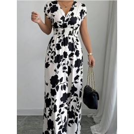 Elegant Pink Floral Maxi Dress with V-Neck and Short Sleeves - Flowing A-Line Silhouette, Cinched Waist, Perfect for Spring/Fall, Casual to Formal Wear, Casual Elegant Wear | Floral Print Dress | Cinched Waist Design