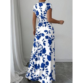 Elegant Pink Floral Maxi Dress with V-Neck and Short Sleeves - Flowing A-Line Silhouette, Cinched Waist, Perfect for Spring/Fall, Casual to Formal Wear, Casual Elegant Wear | Floral Print Dress | Cinched Waist Design