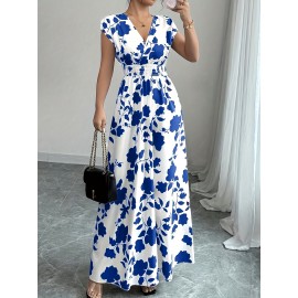 Elegant Pink Floral Maxi Dress with V-Neck and Short Sleeves - Flowing A-Line Silhouette, Cinched Waist, Perfect for Spring/Fall, Casual to Formal Wear, Casual Elegant Wear | Floral Print Dress | Cinched Waist Design