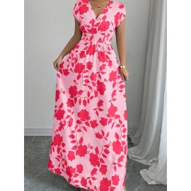 Elegant Pink Floral Maxi Dress with V-Neck and Short Sleeves - Flowing A-Line Silhouette, Cinched Waist, Perfect for Spring/Fall, Casual to Formal Wear, Casual Elegant Wear | Floral Print Dress | Cinched Waist Design