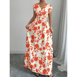 Elegant Pink Floral Maxi Dress with V-Neck and Short Sleeves - Flowing A-Line Silhouette, Cinched Waist, Perfect for Spring/Fall, Casual to Formal Wear, Casual Elegant Wear | Floral Print Dress | Cinched Waist Design