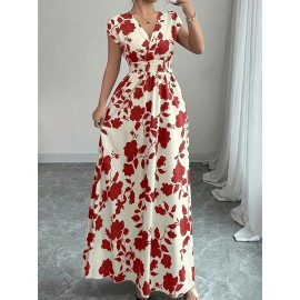 Elegant Pink Floral Maxi Dress with V-Neck and Short Sleeves - Flowing A-Line Silhouette, Cinched Waist, Perfect for Spring/Fall, Casual to Formal Wear, Casual Elegant Wear | Floral Print Dress | Cinched Waist Design
