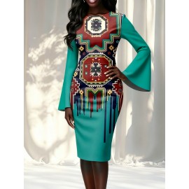 Bohemian 3D Floral & Geometric Print Pencil Skirt - A-Line Midi Length Long Sleeve-like Fit (No Waistband) Round Neck Short Dress Skirt for to Party Outfits, Psychedelic 60s/70s Style (Hand Wash/Dry Clean)