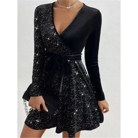 Women'S Elegant Sparkling Sequin V-Neck Long Sleeve Mini Dress - Luxurious Party & Formal Evening Gown with Waist Tie Belt, Shiny Red/Black/Black Sequin Dress for Autumn/Winter, Spring/Summer/Fall Events, Prom, Gala, Everyday Outfits - Comfortable &