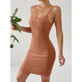 [Summer Cami Dress] Sleeveless Brown Ribbed Backless Cami Dress for Women | Stretchy, Machine Washable, Casual Summer Wear, Bodycon Mini Dress