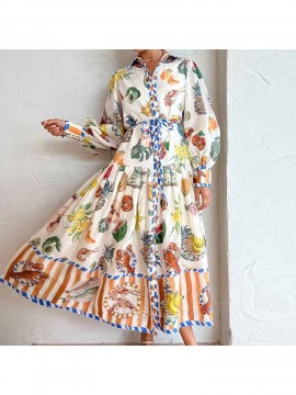 Women'S Retro Patchwork Print Maxi Dress | Belted Long Sleeve Gown for Artistic & Bohemian Chic Style, Geometric-Pattern, Fall/Winter Season, Off the Shoulder Collar, Regular Fit, Flared Hem
