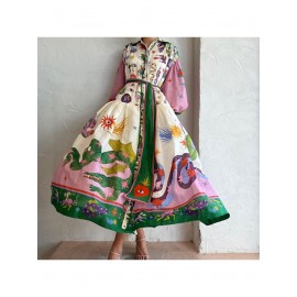 Women'S Retro Patchwork Print Maxi Dress | Belted Long Sleeve Gown for Artistic & Bohemian Chic Style, Geometric-Pattern, Fall/Winter Season, Off the Shoulder Collar, Regular Fit, Flared Hem