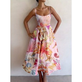 Artistic Floral Pattern Printed Dress | Unique Design with Delicate Straps, Crew Neck, Suitable for All Seasons