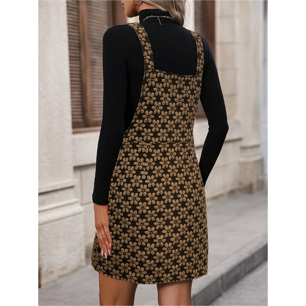 Women's Elegant Golden & Olive Green Floral Print Winter Dress - Thick Strap Sleeveless A-Line with Full-Length Zipper, Round Neck Short Hem, Machine Washable Party Wedding Guest Dress (Golden/Tan)