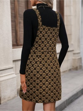 Women's Elegant Golden & Olive Green Floral Print Winter Dress - Thick Strap Sleeveless A-Line with Full-Length Zipper, Round Neck Short Hem, Machine Washable Party Wedding Guest Dress (Golden/Tan)