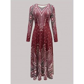 1pc Women'S Wine Red Geometric Print V-Neck Long Sleeve A-Line Midi Dress - Vintage Elegant for party & Evening Dress with Burgundy & Golden Pattern, Fall/Winter Formal Occasion Dress for Women, Structured Fit & Flowing Silhouette