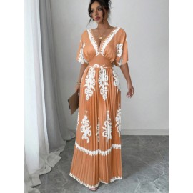 Women's Elegant V-Neck Short Sleeve Jumpsuit with Cinched Waist & Pleated Pants - Loose Fit Wedding Guest Outfit, Summer Party Suit, Machine Washable All-Season Attire