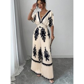 Women's Elegant V-Neck Short Sleeve Jumpsuit with Cinched Waist & Pleated Pants - Loose Fit Wedding Guest Outfit, Summer Party Suit, Machine Washable All-Season Attire