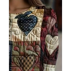 Women's Soft Patchwork Sweater Jacket with Heart & Plaid Print - Winter Warm Coat, Belt-Free Waist Tie, Layered Collar & Round Neck, Machine Washable Long Sleeve Blazer (Brown/Black/Red/Beige/Grey/White/Blue/Pink) - Layered Over Dresses