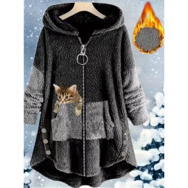 Women's Plus-Size Plush Zip-Up Hooded Jacket with Cat Print & Button Closure - Oversized Winter Warm Coat, Sleeveless Sporty Outerwear for Running, Gym, Casual Outfits - Machine Washable (Brown/Beige/Pink) - Fleece Lining, Pockets, Color Block Design, Relaxed Fit, Suitable for Exercise & Casual Attire, Large Size Casual Sportswear with Plush Material