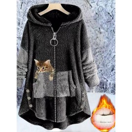 Women's Plus-Size Plush Zip-Up Hooded Jacket with Cat Print & Button Closure - Oversized Winter Warm Coat, Sleeveless Sporty Outerwear for Running, Gym, Casual Outfits - Machine Washable (Brown/Beige/Pink) - Fleece Lining, Pockets, Color Block Design, Relaxed Fit, Suitable for Exercise & Casual Attire, Large Size Casual Sportswear with Plush Material