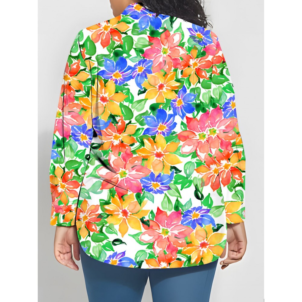 Plus Size Women's 3D All-Over Floral Blouse - Button-Up Collar Long Sleeve Shirt, Soft Light Beige Top for Spring/Autumn, Casual & Dressy Wear, Machine Washable Comfortable Fit for Year-Round (Elegant Special Line Collection)