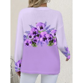 Plus-Size Women's Oversized 3D Floral Cardigan Sweater - Soft Stretchy Button-Front Closure, Machine Washable Round Neck Blouse for Spring/Autumn Layering, Casual Outerwear (No dryer)