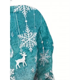 Women's Plus Size 0XL-6XL Turquoise & White Snowflake Button-Front Cardigan Sweater Coat - Soft Winter Jacket with Lace Collar, Cozy Loose Fit Christmas Party Outfits, New Year's Eve Holiday Dresses