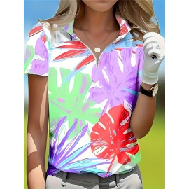 Women's Golf Shirt - Lightweight Quick-dry Top with Zipper Closure, Tropical Palm Leaf Pattern In Pink, All-season Shirt for Women Golfers - Elegant Casual Golf Outfit, Golf Shirt for Women, Golf