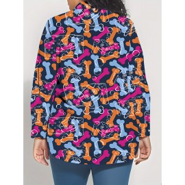 Plus Size Women'S Oversized Long Sleeve Shirt with 3D Bone & Paw Print | Soft Casual All-Season Blouse, Plush Pet Lover Outfit, Button Front Closure, Relaxed Fit, Hand Wash Dry Clean, Vibrant Colors, Longline Design, Soft Fabric for Layering