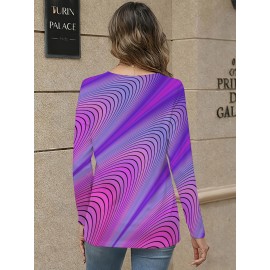 Plus Size Women'S V-Neck 3D Pink Purple Wave Pattern Long Sleeves T-Shirt | Abstract Print, Casual Style, Suitable for Winter, Christmas Party, Birthday, Christmas Enthusiasts, Christmas Limited Edition, New Year Gift